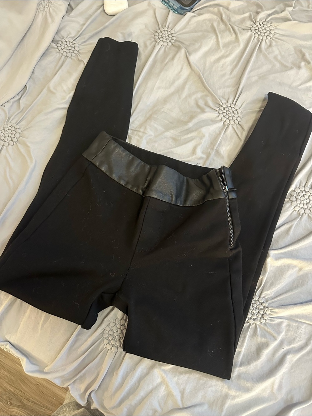 Zara Black Leggings with Faux-Leather Waistband and Side Zipper